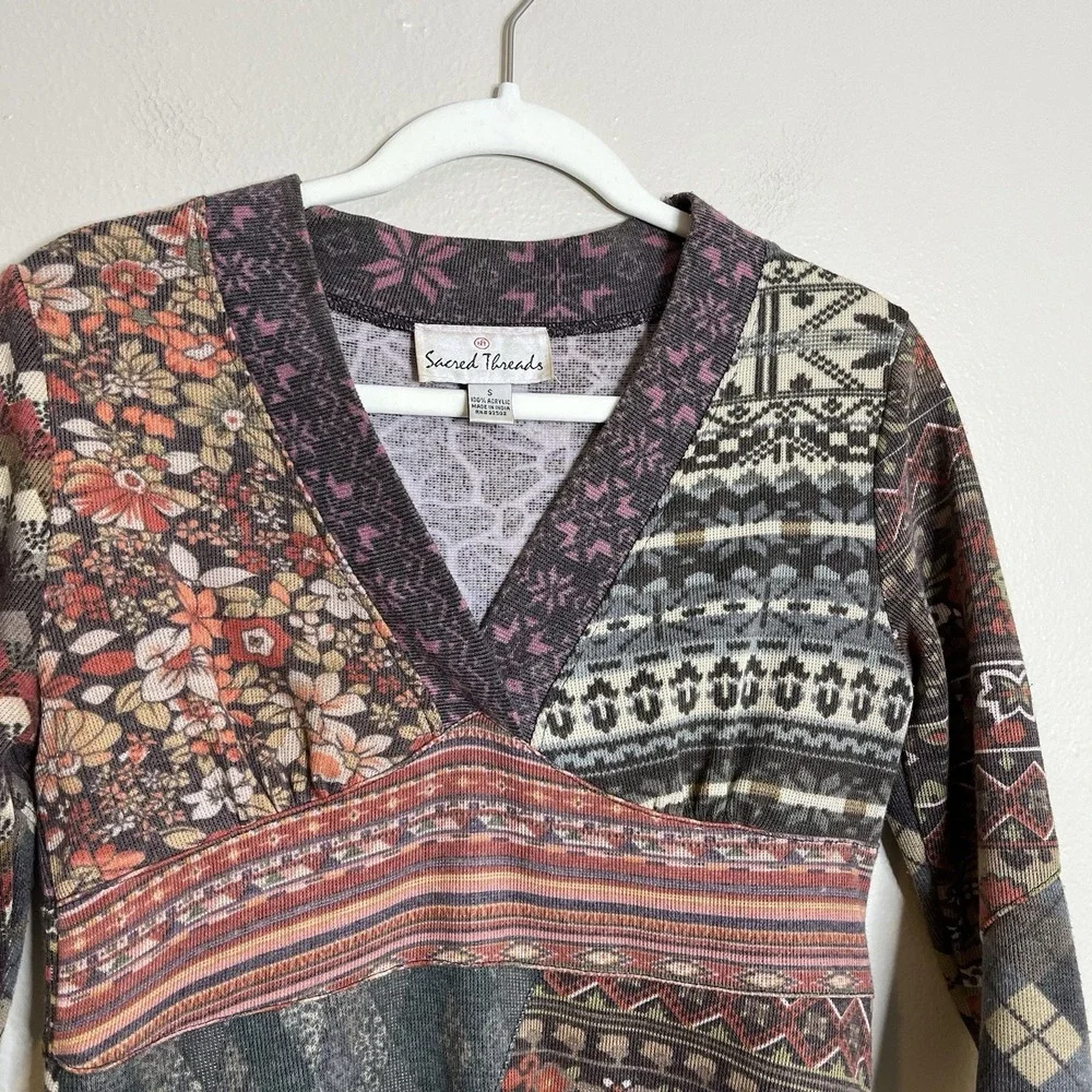 Women Patchwork Micro Dress Tunic‎ Y2K Babydoll Twee S Gilmore Hippie 3/4 Sleeve - Picture 3 of 9